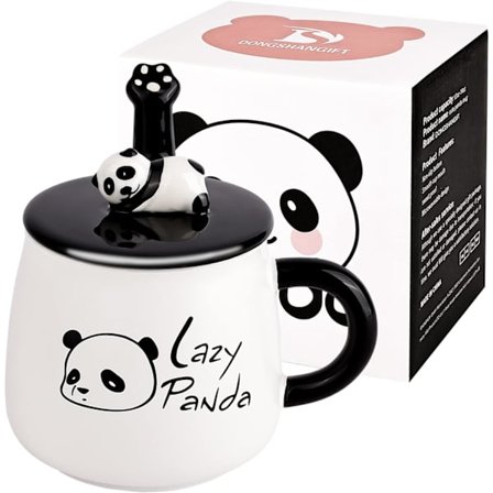 Lazzy Panda -muki - Suloinen keraaminen kahvimuki 3D-pandakannella ja lusikalla 15 OZ 3D-pandakahvimuki Uutuuskahvi Teemuki Maito Muki Lahjat Panda-