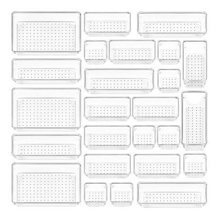 25 st Klar Plast Lådorganisatörer Set, 4-Storlekar Mångsidiga Lådorganisatörer för Badrum och Sminkbord, Förvaringslådor för Smink, Sovrum, Kök