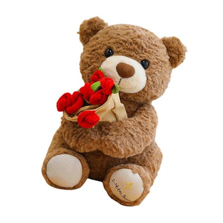 Luksuriøs teddybjørn som holder en rose, plysjleketøy, bomullsfylt, myk og komfortabel, brun, 40 cm, egnet som gave eller hjemmedekorasjon.