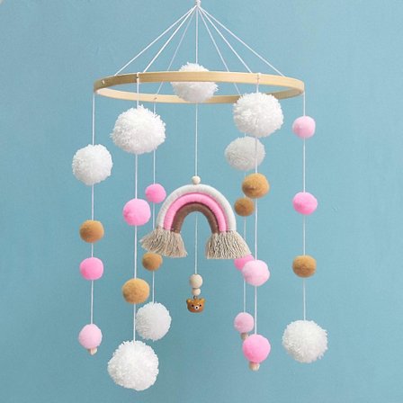 Regnbue Stor Lett Bjørnevindklokke med Bambusring - Barneromsdekorasjon (Rosa)