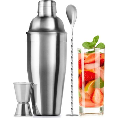 24oz Cocktail Shaker Sett i rustfritt stål - Martini Shaker Sett med innebygd sil, dobbeltsidig shaker og kombinert røreskje