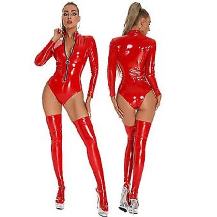 Sexet vådt look PVC latex catsuit langærmet front lynlås bodysuit poledance klubtøj PU læder body skjorter toppe med strømpe (S-M rød)