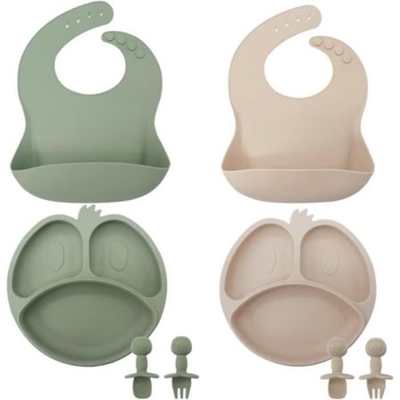 Vauvan ruokailusetti 100 % elintarvikelaatuista silikonia (BPA-vapaa), 2 imukuppilautasta vauvoille, 2 ruokalappua, 2 lusikkaa, 2 veistä, astiasto