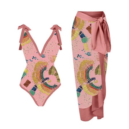 En-delt badedragt til kvinder med todelt nederdel, flerfarvet print, sexet