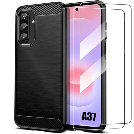 Cover til Samsung Galaxy A37 5G, Silikone Anti-Ridser Carbon Fiber Mønster Sort - 2 Tempered Glass