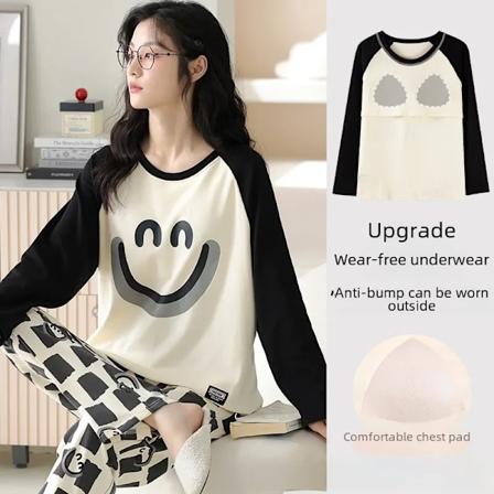 2024 Nya Kvinnors Höst Vinter Pyjamas Set Bröst Pad Lång Ärm Byxor Nr Bh Hem Kläder Kostym Home Inredning Black smiley face (with chest pad) XXL