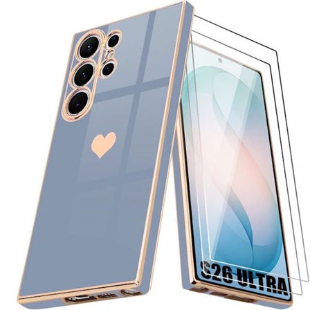 Silikonecover - BOOLING - til Samsung Galaxy S26 Ultra - Ridsebeskyttende Hjerte-motiv - 2 Glas - Blå