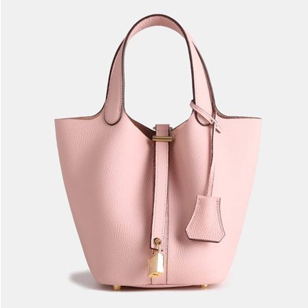 Stor ekte skinn pendler bøtteveske, rosa kuskinn litchimønster, med god lagringsplass -XF12-