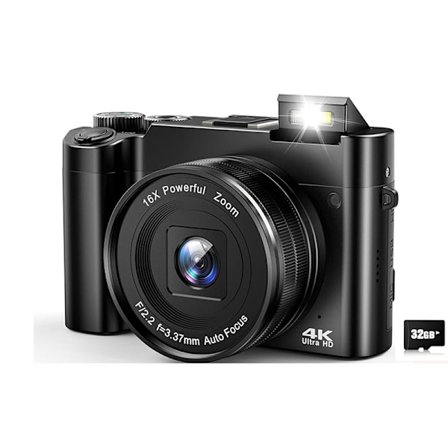 4K 64MP digitalkamera med front- og bagkamera, 32 GB hukommelseskort (DC218)