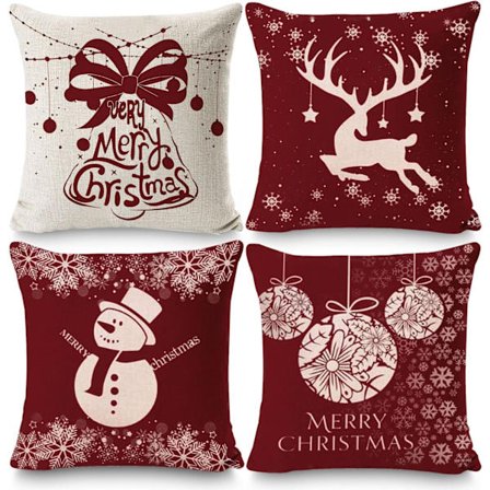4-pack jultema kuddfodral, julkuddfodral, linne, dekorativa kuddfodral, juldekoration, 45 x 45 cm