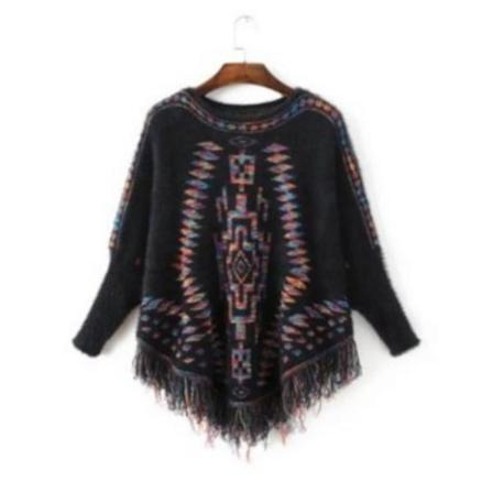 Långärmad Tröja Cape Knitting Batwing Blus Med Tofs För Lady