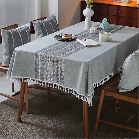 Tvättbar Bordsduk i Bomull och Linne med Tofsar för Thanksgiving Jul Kök Matsal (54 X 40 Tum, Grå)