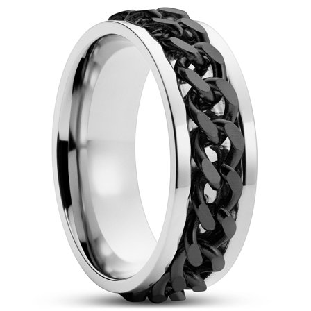 Sentio | Silver-Tone and Black Stainless Steel Curb Chain Ring for Men - Steel rings