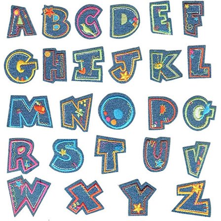 Farverige denim strygepatch bogstaver 26stk A-Z bogstav patch anim