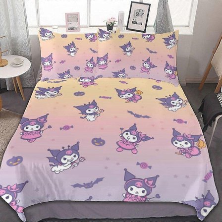 Vuodevaatesetti CA602 Kuromi ja My Melody -pussilakanasetti, 3-osainen, pehmeä, lämmin ja mukava vuodevaatesetti, jossa 1 pussilakana ja 2 tyynyliinaa