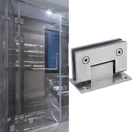 *2 stk. 90 graders brusehængsler til brusedøre med skruer 4 mm tykkelse plet