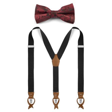 Pre-Tied Bordeaux Bow Tie and Black Braces Set for Men - Bow Tie Sets