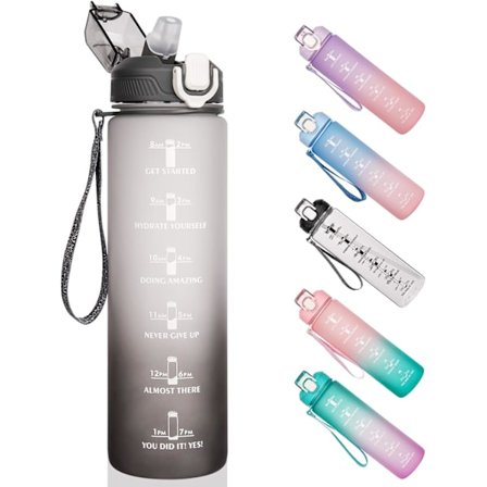 1L sportsflaske med sugerør, 1L flaske med motiverende tidsmarkeringer
