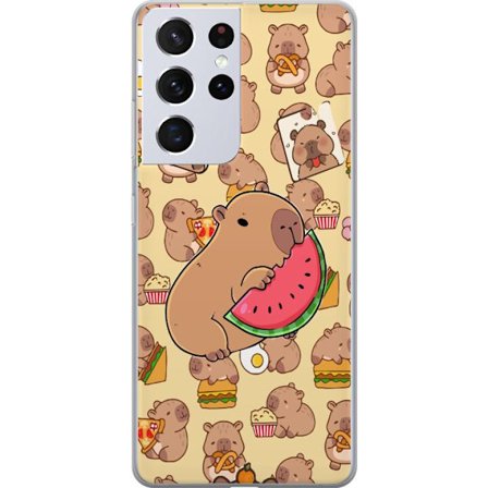 Kompatibelt Mobilskal till Samsung Samsung Galaxy S21 Ultra 5G Söt capybaror njuter av vattenmelon pizza och popcorn i en varm och lekfull design som