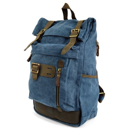 Rugged Vintage-Style Blue Canvas & Leather Backpack for Men - Backpacks