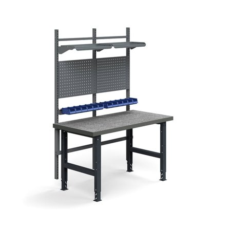 Komplett arbeidsbord TRUST, verktøytavler, plastbakker, hyller, L1500 B760 mm, vinyl