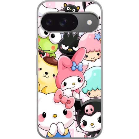 Kompatibelt Mobildeksel til Google Pixel 9 Tett mønster av søte figurer med store øyne i ulike farger og uttrykk med LABUBU-tekst