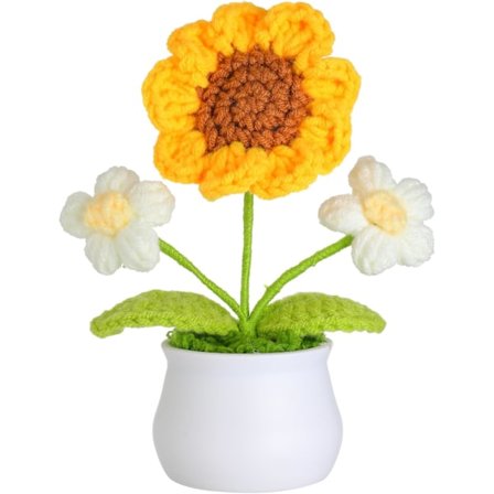 Konstgjord Blomma Virkade Blommor Krukväxt, Mini Stickad Blomkruka, Liten Handgjord Virkad Blomma för Hemmakontor Bordsdekoration