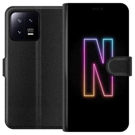 Kompatibel Tegnebogsetui til Xiaomi Xiaomi 13 Minimalistisk neonbogstav N i farveskiftende lys mod sort baggrund