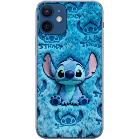Kompatibelt Mobildeksel til Apple Apple iPhone 12 mini Stitch sitter på fluffy blått mønster med sitt ansikt og ører gjentatt som tekstur, noe som