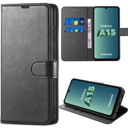 Fodral för Samsung Galaxy A15 5G-4G, stötsäker lädereffekt med kortplatser och justerbar stativfunktion Svart Svart