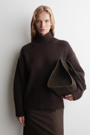 COS Women's Chunky Funnel-Neck Wool Jumper in Brown