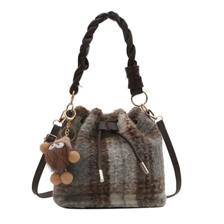 Håndtaske med træksnor, skuldertaske i ternet stil med vedhæng