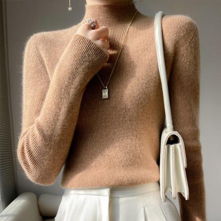 Kvinner strikkeplagg Høst Vinter Genser Halv Turtleneck Ull Slim-Fit Langermet Pullover Snøring Golden camel S