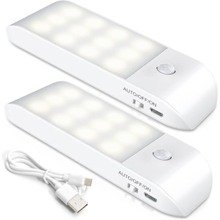 Automatisk LED-nattlampa [2-pakning], 12 LED USB-oppladbart nattlys til skap med bevegelsessensor og lyssensor, 3 moduser (auto/på/av) med magnetisk