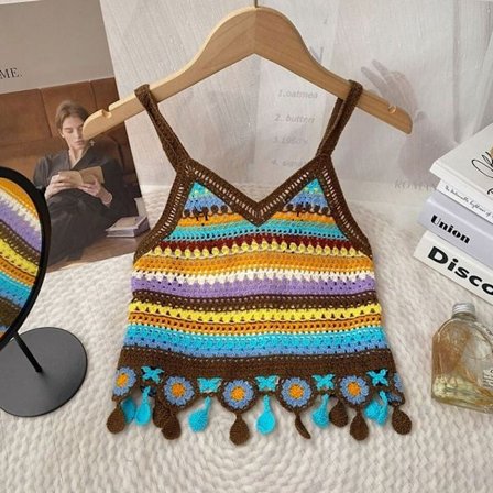 Broderad stickad väst ihålig krok Blomma Topp BRUNT