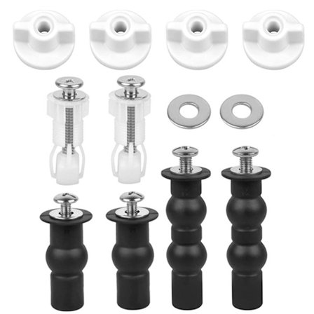 WC-istuimen saranakiinnikkeet, ruostumattomat WC-istuimen ruuvit ja pultit kumi- ja muovimuttereilla yläpuolisille WC-istuimen saranoille, WC-istuimen