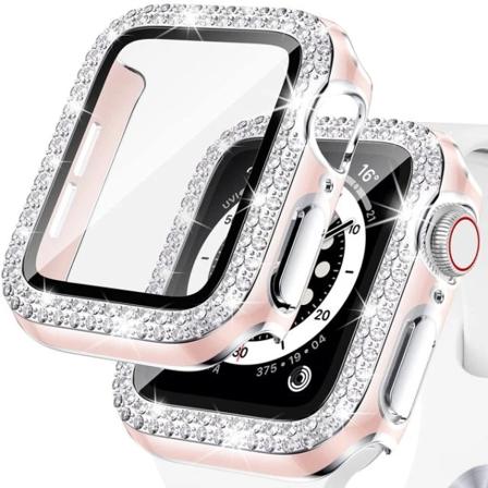 Bling Glass+ cover för Apple Watch Case 45mm 41mm 40mm 44mm 42mm 38mm Diamant stötfångare+skärmskydd iwatch series 7 9 8 5 6 SE B Pine silver 41mm 