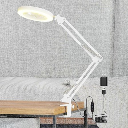 LED Förstoringslampa med Klämma, 8 Dioptrier - 10X Glaslins, 3 Färglägen, Super Stark Steglös Dimning, Förstoringsglas Belyst Glaslins Ro