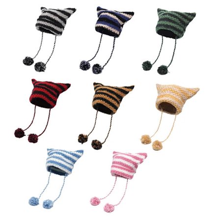 Japanese Y2K Cute Black White Striped Cat Ears Wool Hat Women Autumn Winter Warm Little Devil Hanging Ball Knitted Beanie Hat