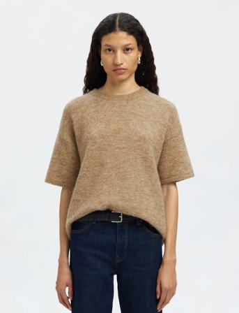 Selected Slflulu 2/4 Knit O-Neck Noos - Beige - M