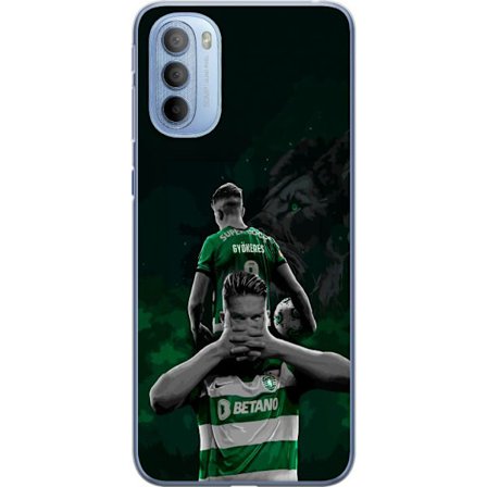 Yhteensopiva Puhelinkuori Motorola Moto G31 Neonmotiivi, jossa teksti "Gaming is in my DNA" sinisenä ja punaisena tiiliseinällä, jossa loistava DNA-sp