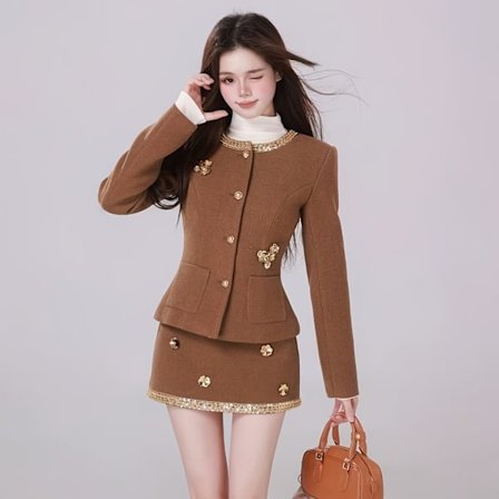 Vintage Kort Slim Fit Frakke Vinter Paillet Elegant Top + Nederdel