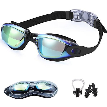 Svømmebriller, Svømmebriller uden lækage, fuld beskyttelse til voksne mænd, kvinder og unge med næseklemme, ørepropper og opbevaringsboks