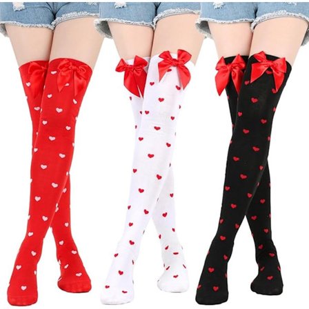 ING Overknee Sokker Dame 3 Par Overknee Sokker med Sløyfe Over-kne Strømper Lange Sokker Knestrømper Over kneet Nival og Hvit Rød Svart