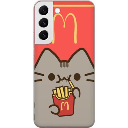 Kompatibelt Mobildeksel til Samsung Galaxy S22+ 5G Pusheen-katt som spiser McDonald's-inspirerte pommes frites - søtt og humoristisk motiv i varm farg