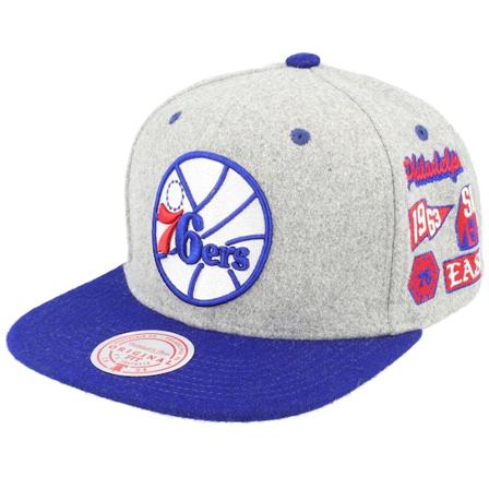 Mitchell & Ness - Philadelphia 76ers Melton Patch Grey/Royal Snapback Snapback Grey Cap - NBA @ Hatstore
