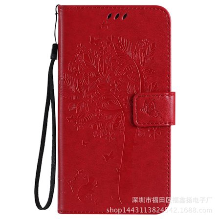 Etui til Samsung S25 PLUS/S24 PLUS Rødt klatrestativ for katter, preget med kortspor, flip-lommebok i lær