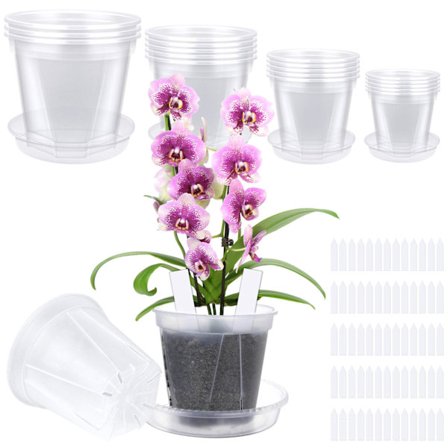 18-pack genomskinliga plantskrukor med 18 brickor