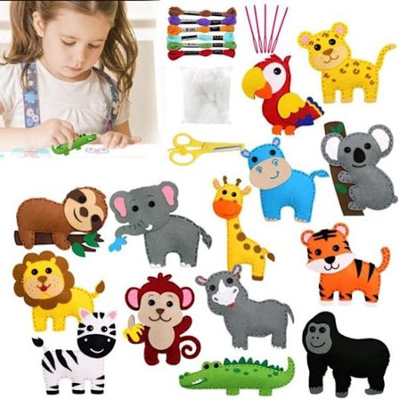 14-delers DIY sysett - Sysett for barn - Filt håndverkssett for barn - Hobbyfiltark - Jentehåndverk - Dyretema - Barnegave