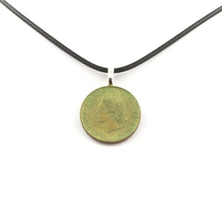 Halsband - ABIJOUX - Mynt Italien 20 lire - Svart läderband - Unisex - Vuxen